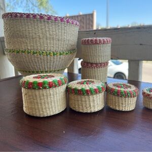 Handwoven Basket Set with Red and Green Accents